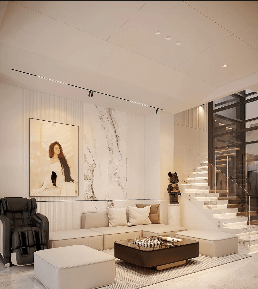 Phòng khách hiện đại với ghế sofa, tranh nghệ thuật, bàn cà phê và cầu thang kính.