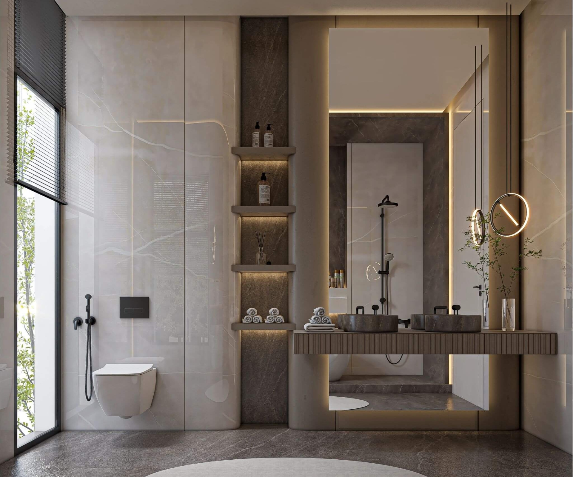 Phòng tắm hiện đại với lavabo đôi, tường ốp đá và ánh sáng tự nhiên qua cửa sổ kính lớn.