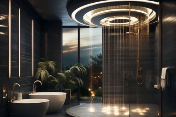 Phòng tắm hiện đại với vòi sen trần và bồn tắm sang trọng, ánh đèn tối ưu hoá không gian thư giãn.