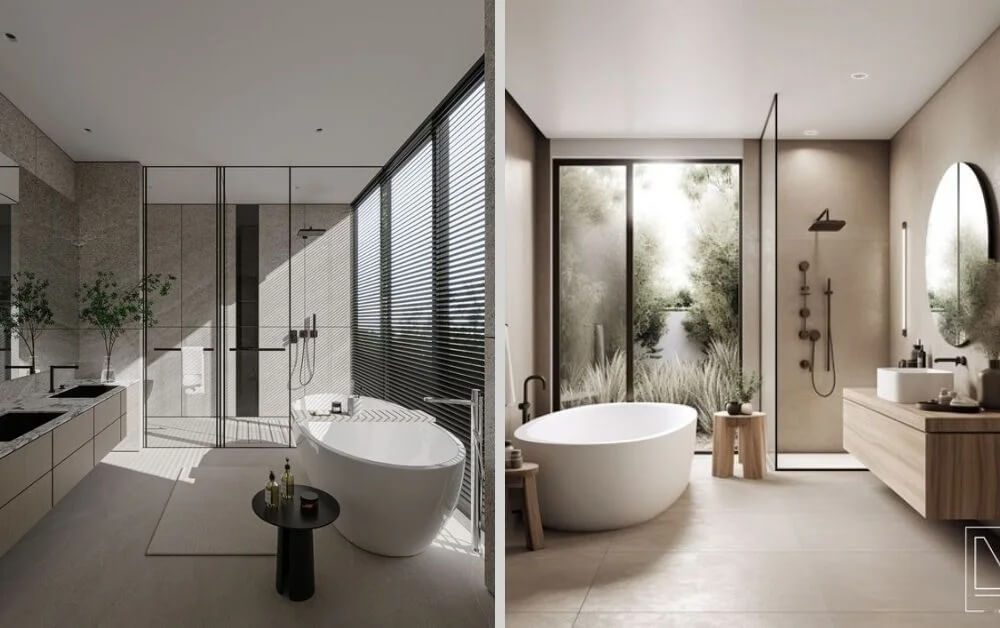Phòng tắm hiện đại với bồn tắm tròn và ánh sáng tự nhiên, cửa kính lớn mang thiên nhiên vào không gian.